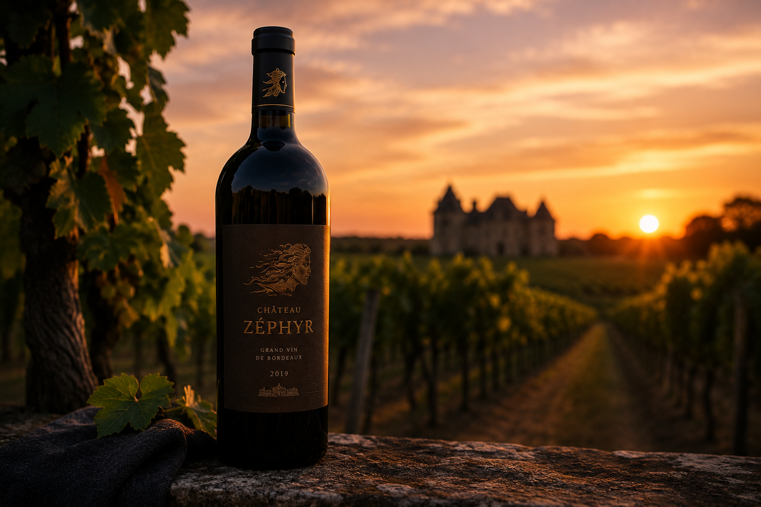 Château Zéphyr — Bouteille dans les vignes château au coucher de soleil