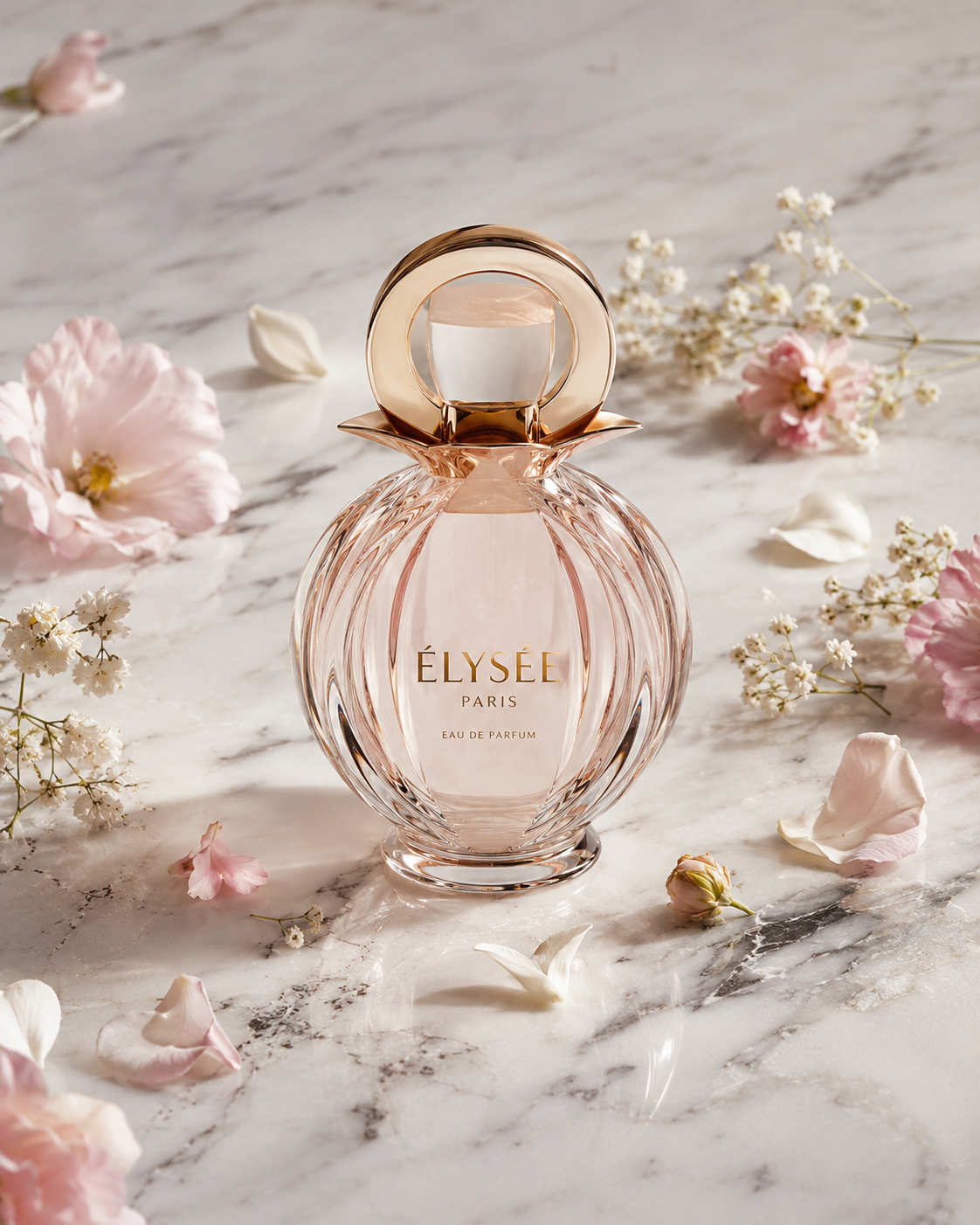 Élysée Paris — Flacon cristal sur marbre fleuri premium