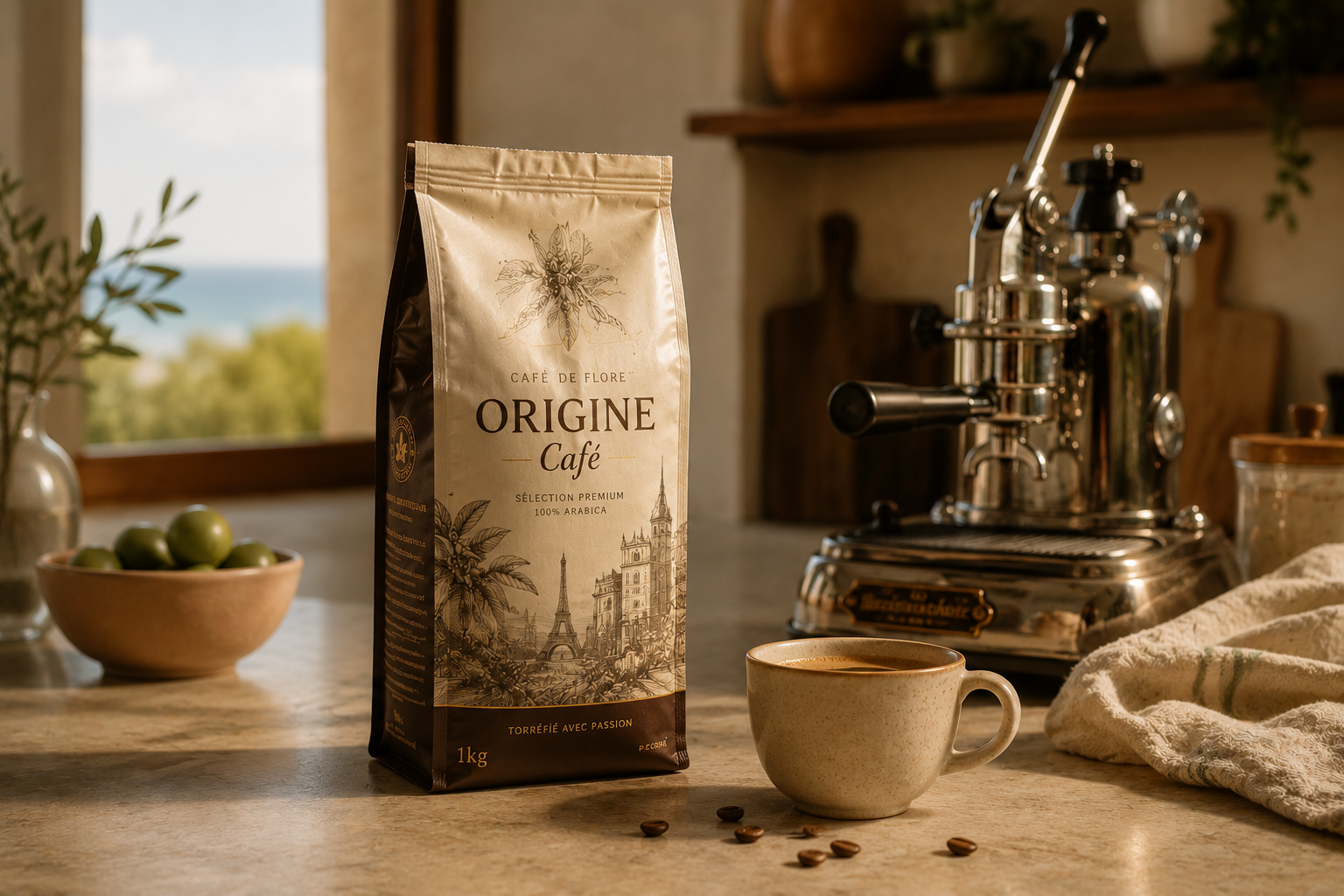 Café Origine — Ambiance cuisine méditerranéenne machine espresso