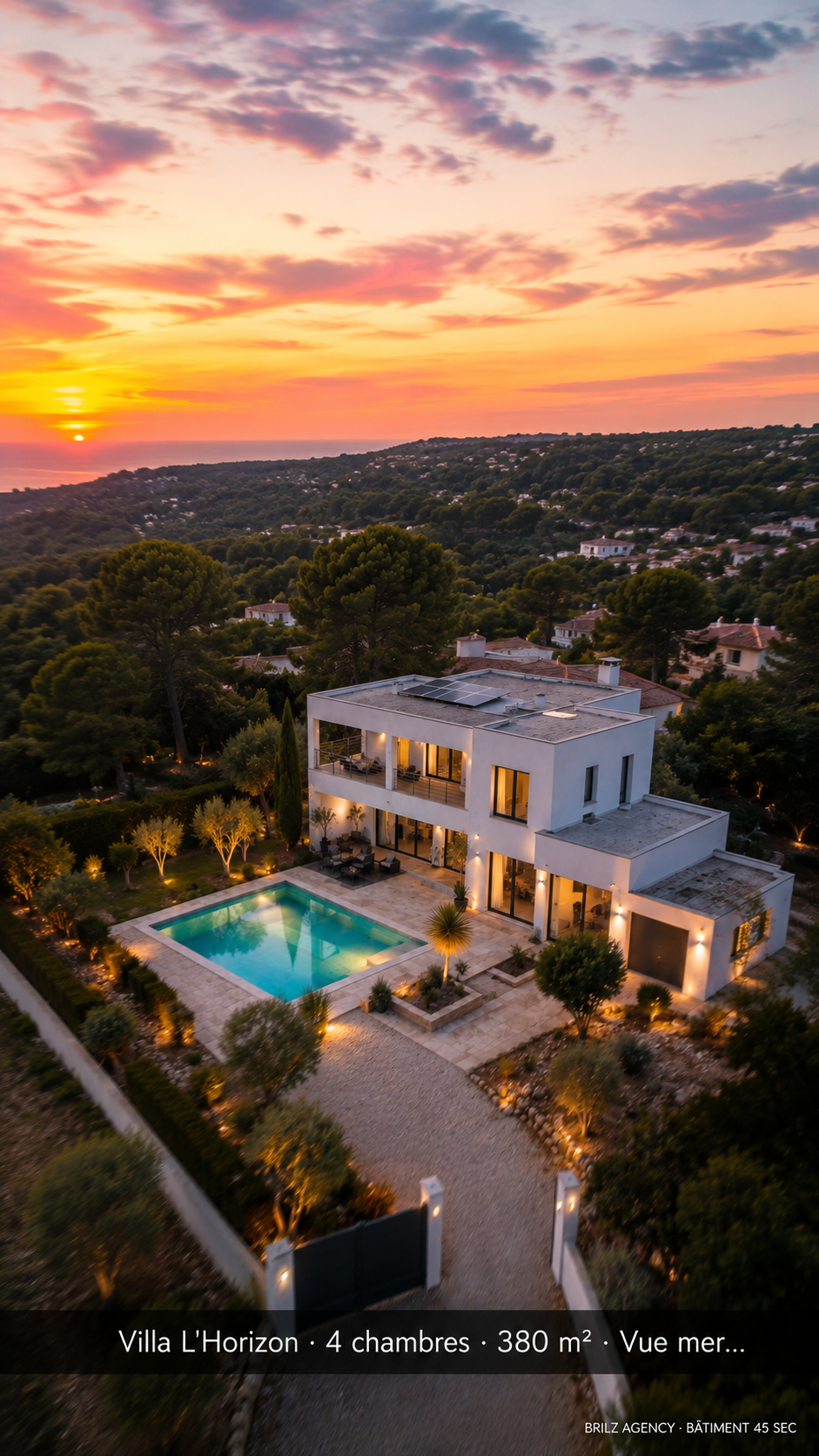Frame vidéo bâtiment — vue drone golden hour