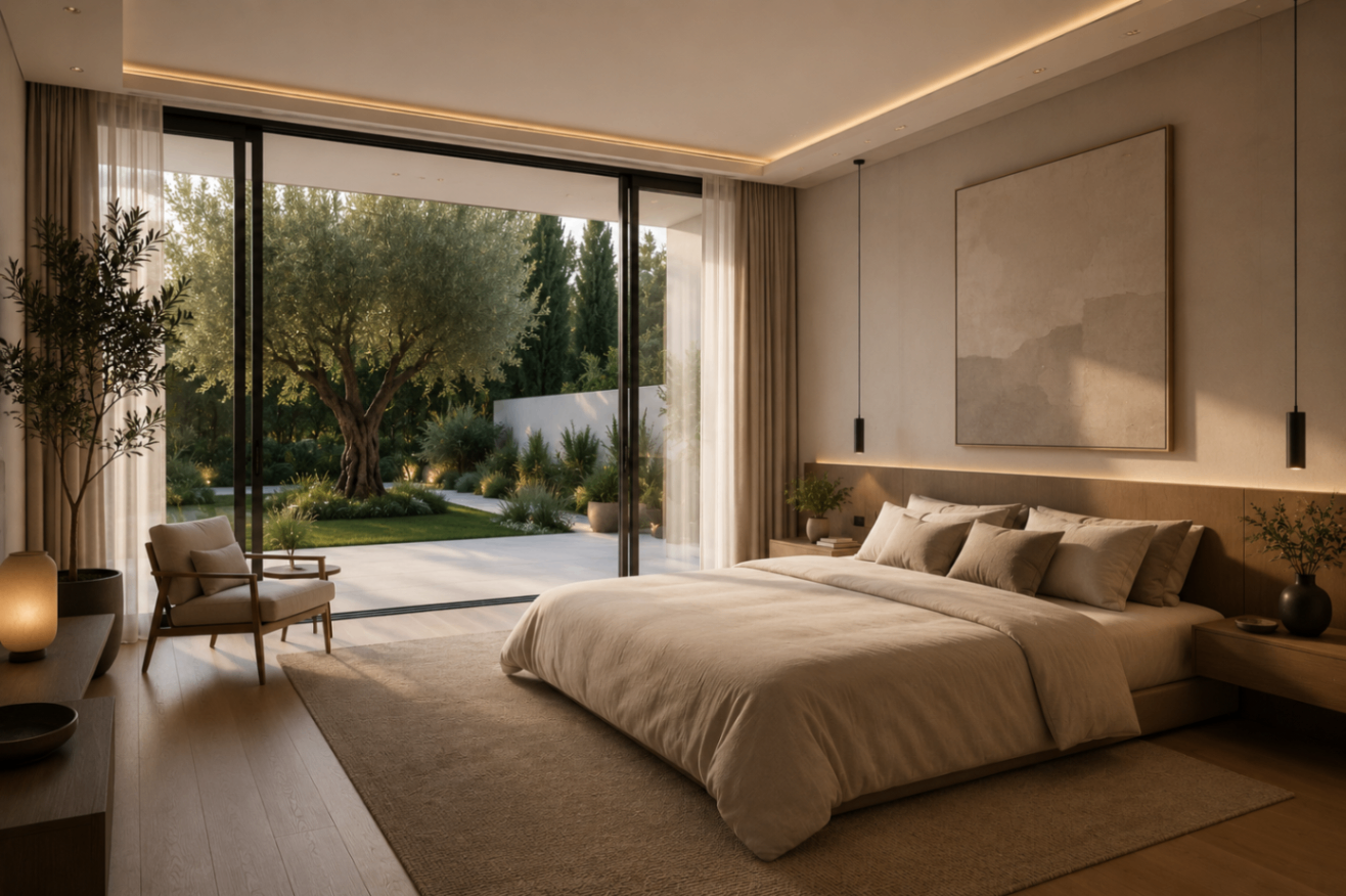 Villa Auréa — Suite parentale minimaliste ouverte sur jardin