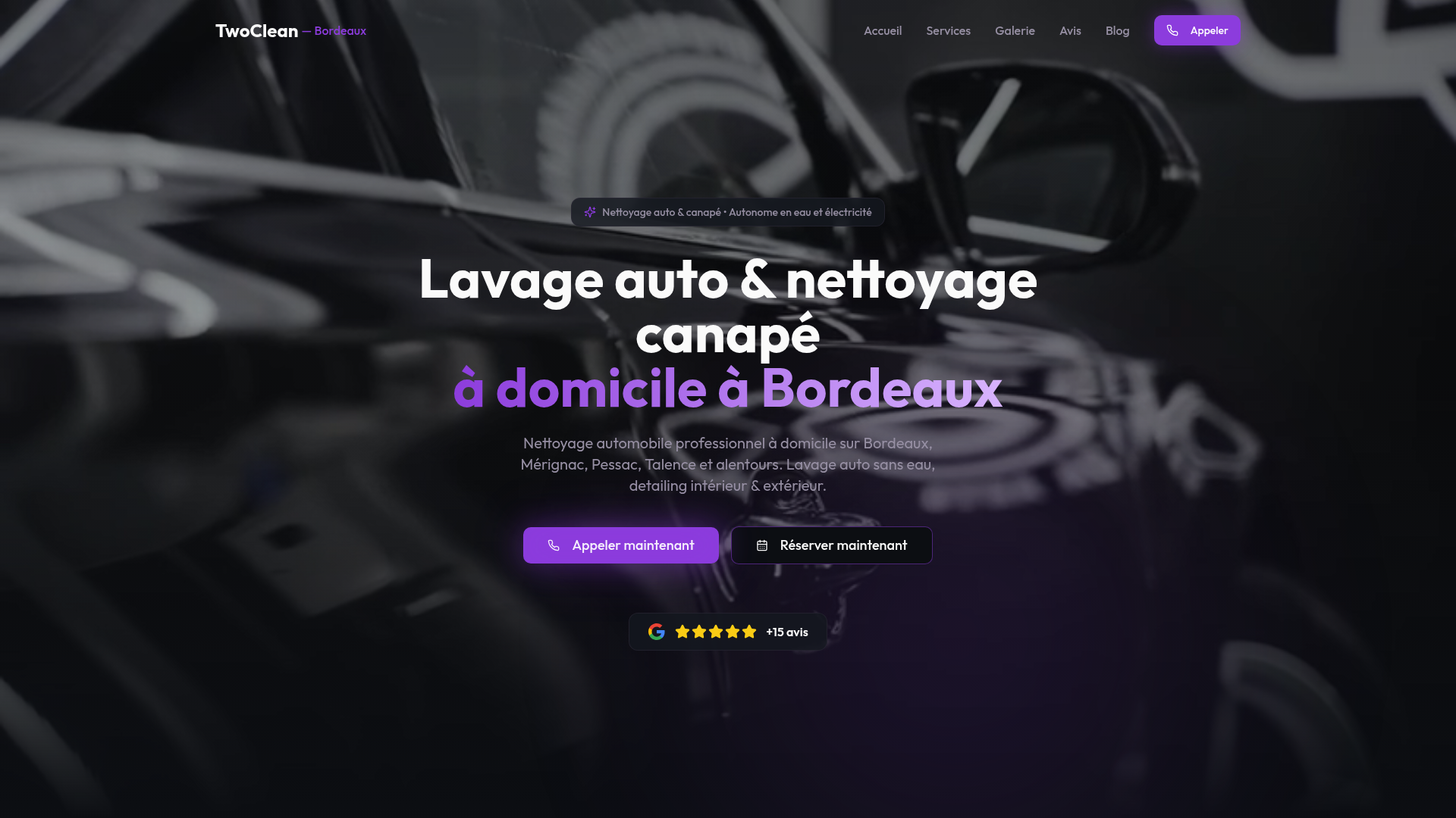 Site web Two Clean - Nettoyage auto · Bordeaux - réalisation Brilz Agency