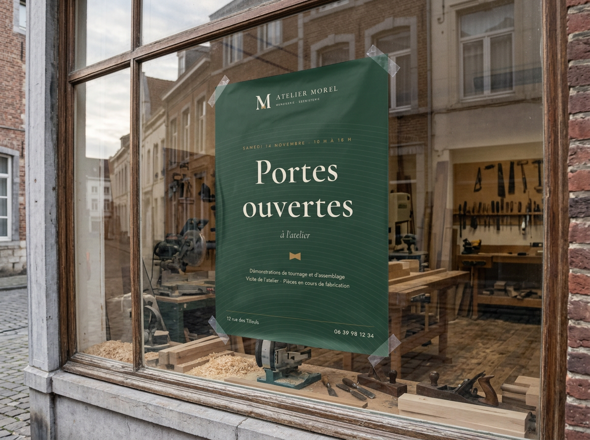 Affiche vert sapin collée dans la vitrine d'un atelier