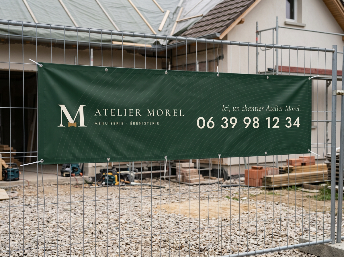 Bâche vert sapin avec logo tendue sur une clôture de chantier