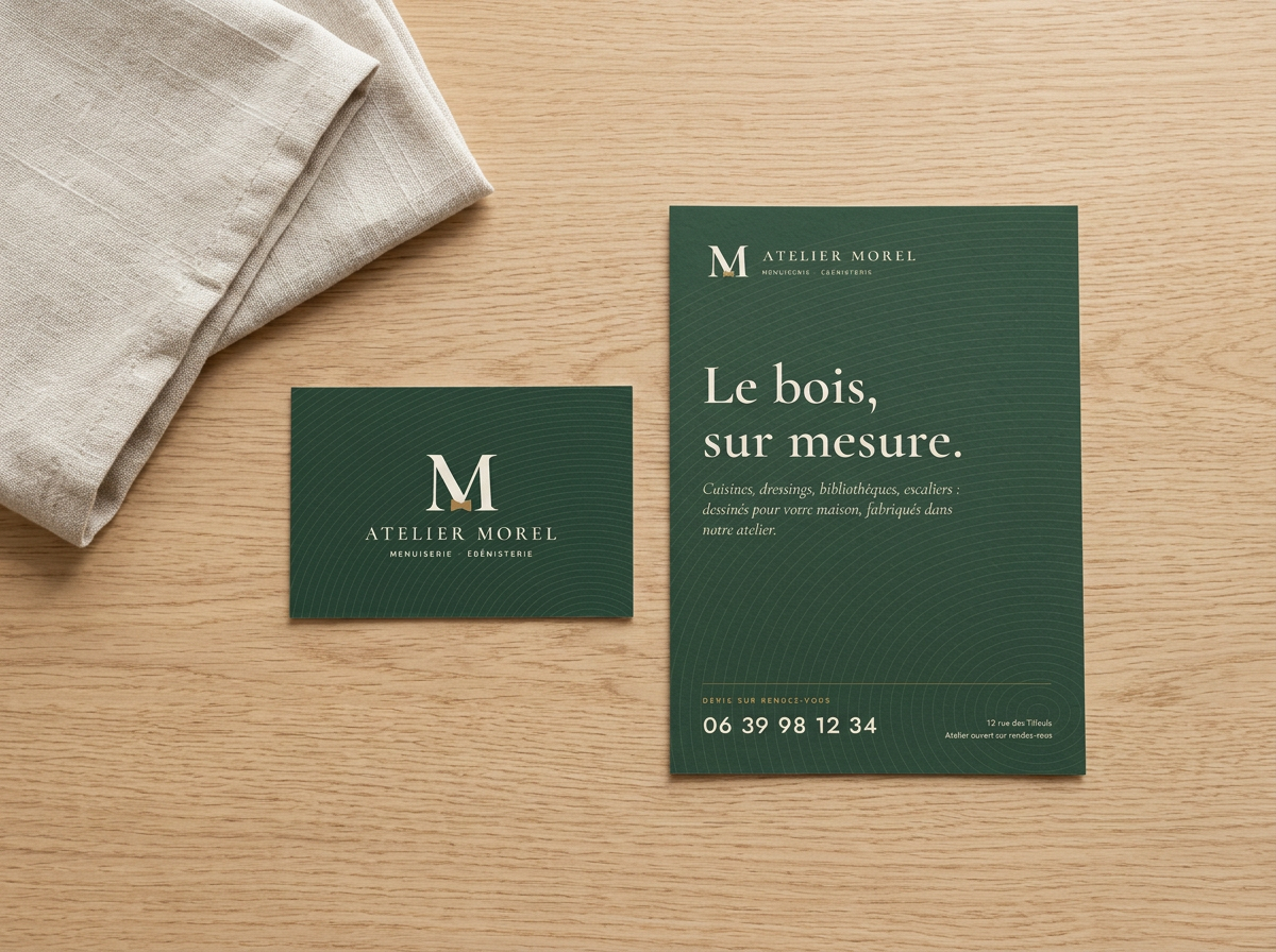Carte de visite vert sapin et flyer crème posés côte à côte
