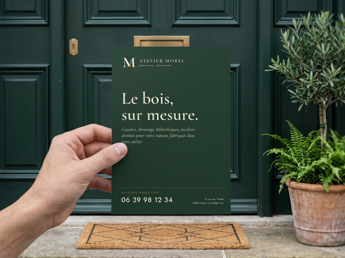 Main tenant un flyer A5 vert sapin devant une porte d'entrée