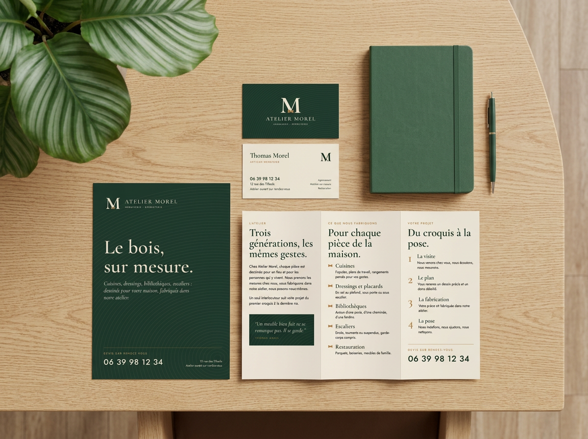 Cartes de visite, flyer, dépliant et carnet aux couleurs d'un menuisier, posés sur un bureau en bois clair