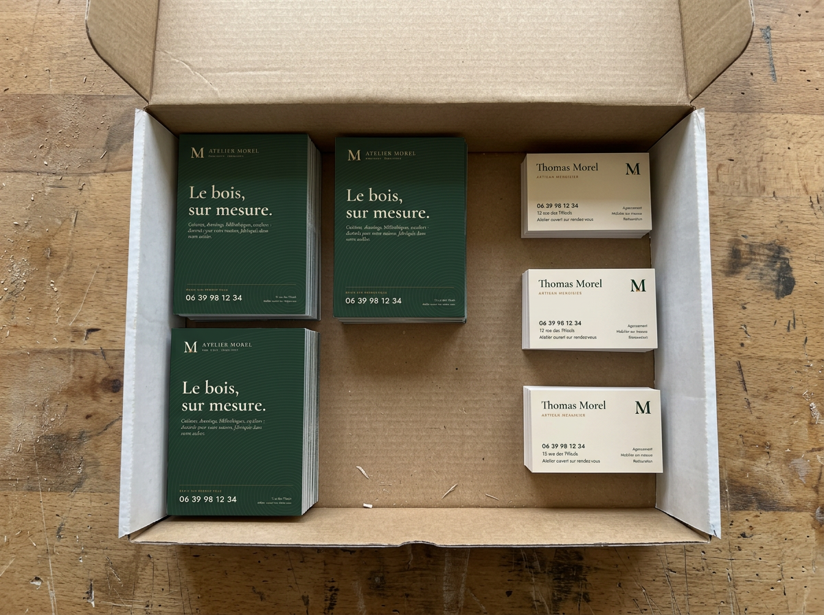 Carton ouvert rempli de flyers et de cartes de visite tout juste livrés, posé sur un établi