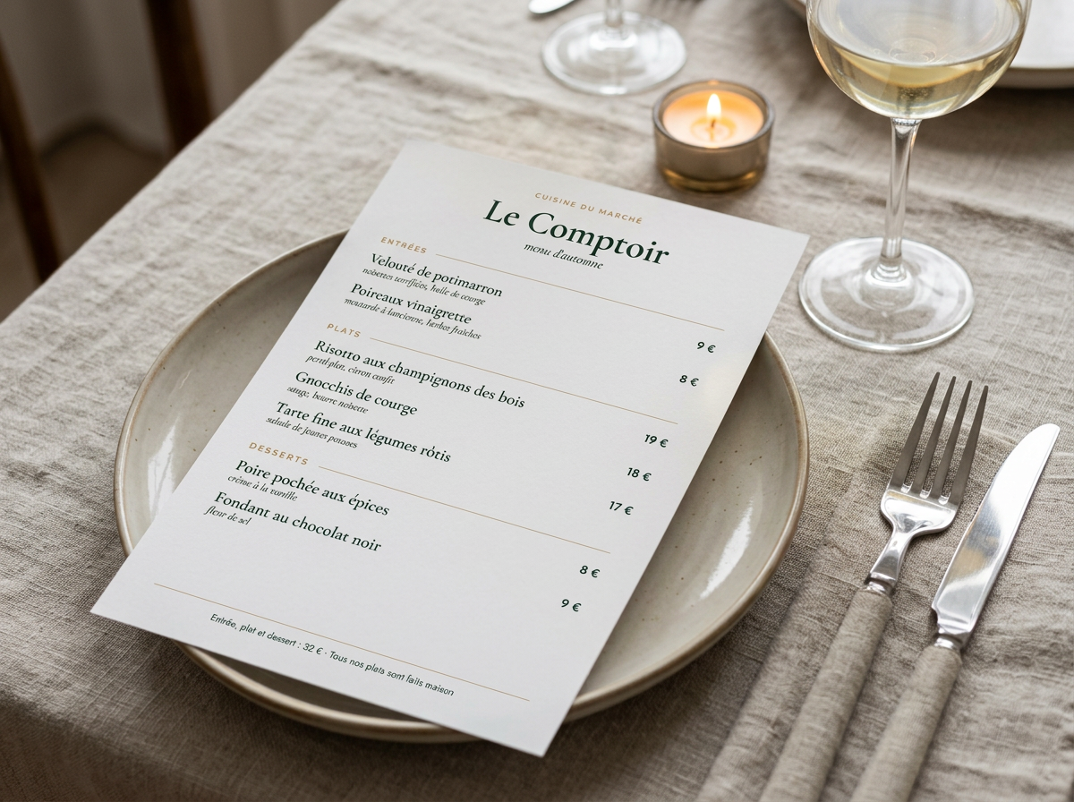 Menu de restaurant sobre posé sur une assiette d'une table dressée