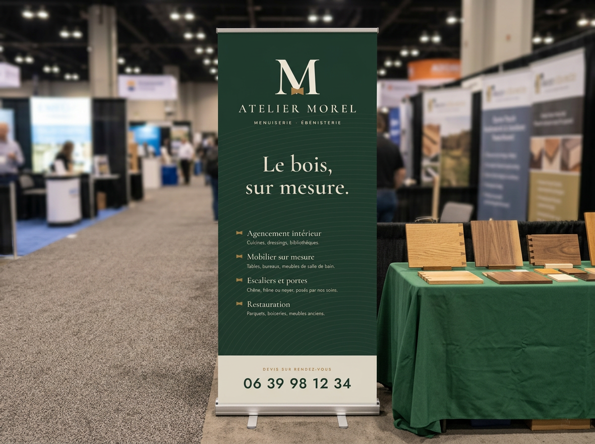 Roll-up debout à côté d'une table dans un hall de salon professionnel
