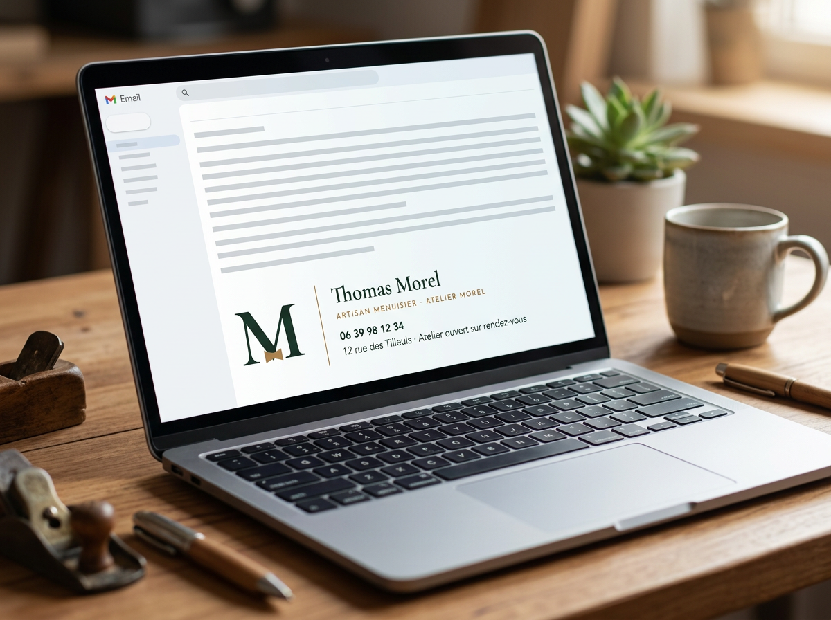 Écran d'ordinateur portable affichant une signature de mail avec logo, nom et téléphone