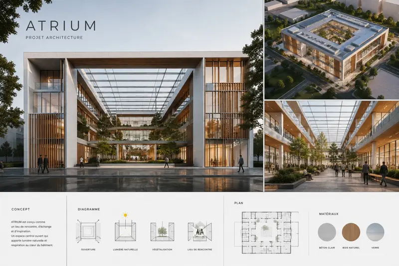 Rendu architectural extérieur — façade contemporaine du projet Atrium