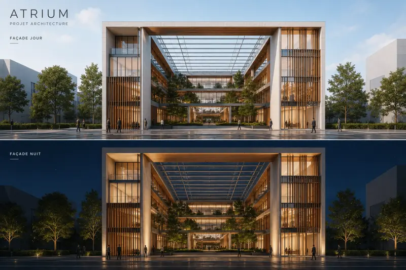 Rendu intérieur — cuisine ouverte et verrière du projet Atrium