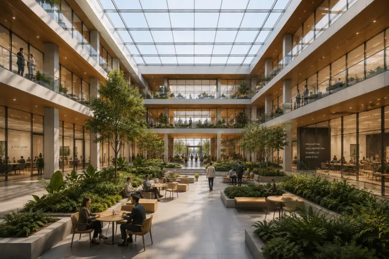 Rendu architectural nocturne — terrasse éclairée du projet Atrium