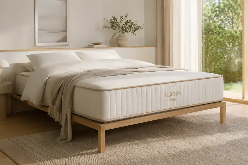 Photo lifestyle chambre — matelas premium Aurora Sleep en lumière du matin