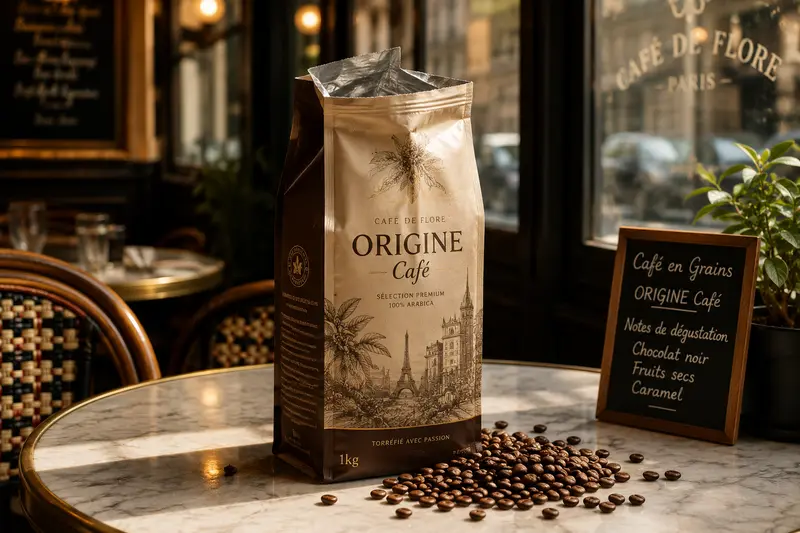 Photo paquet origine en terrasse café de flore paris — Café Origine, Food & Boissons