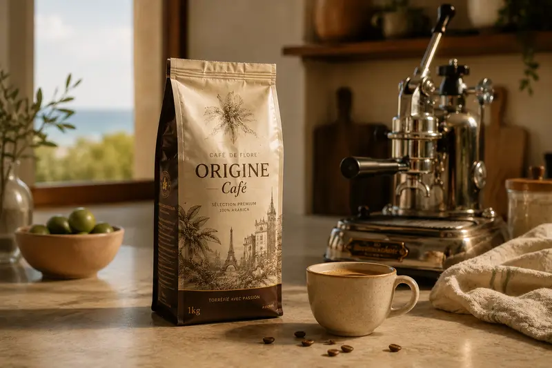 Photo ambiance cuisine méditerranéenne machine espresso — Café Origine, Food & Boissons