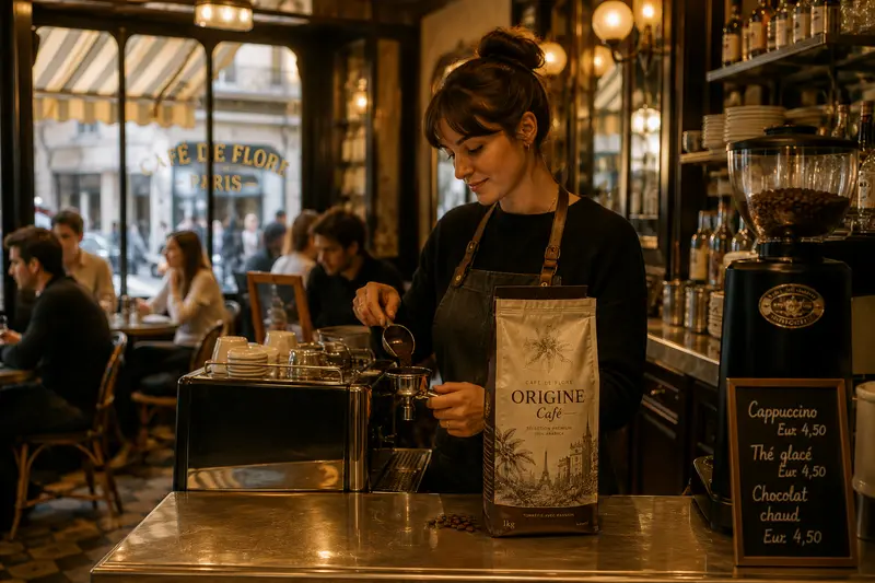 Photo barista au comptoir style parisien — Café Origine, Food & Boissons