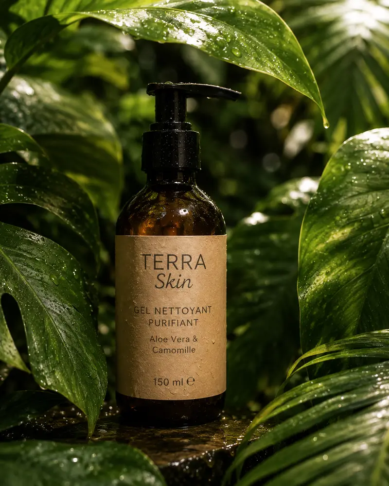 Photo macro texture — sérum Terra Skin sur fond minéral
