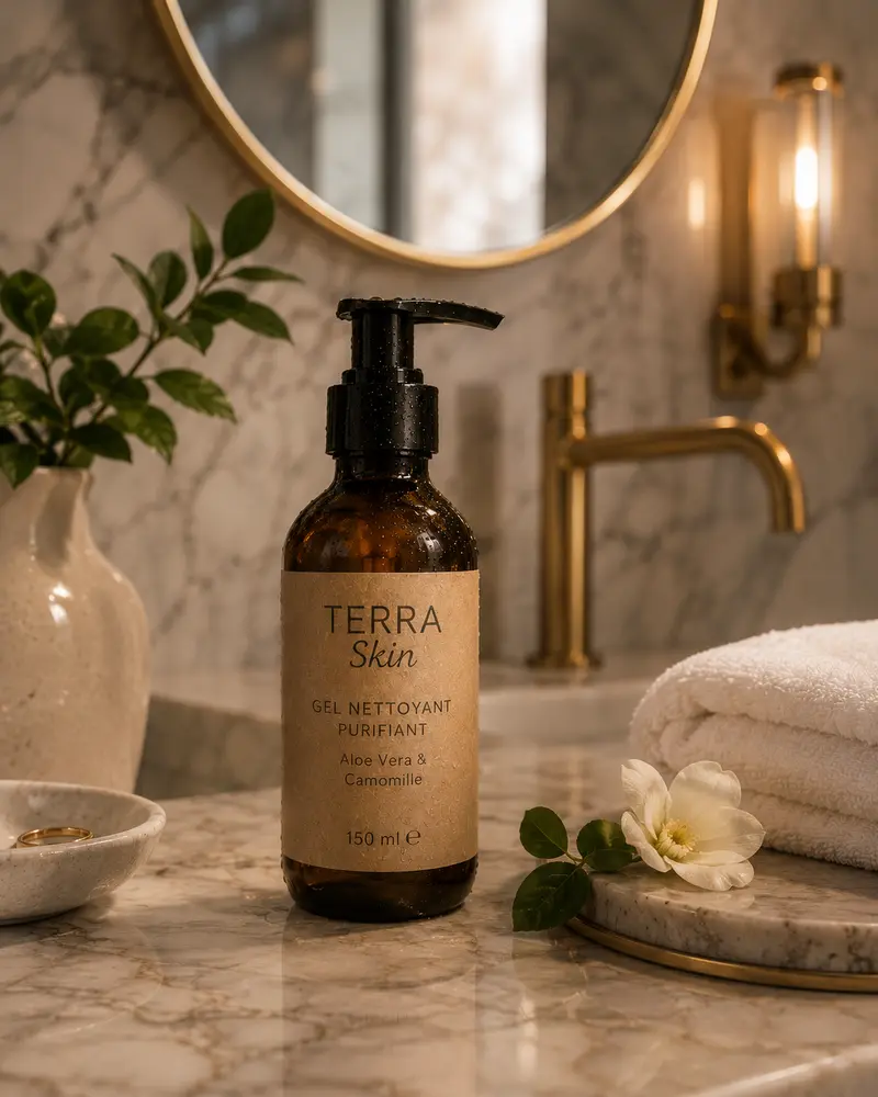 Photo lifestyle salle de bain — routine soin Terra Skin