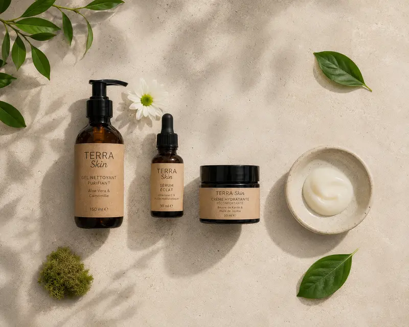 Photo éditoriale — gamme complète Terra Skin en lumière naturelle