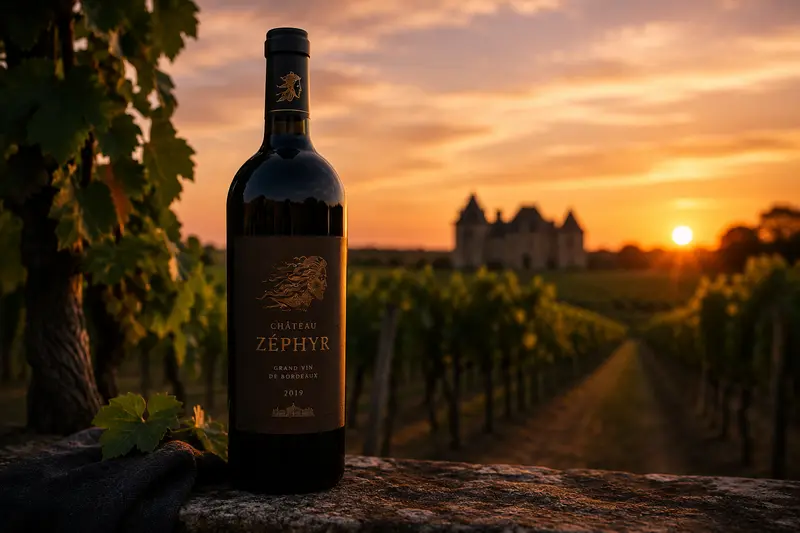 Photo bouteille dans les vignes château au coucher de soleil — Château Zéphyr, Food & Boissons